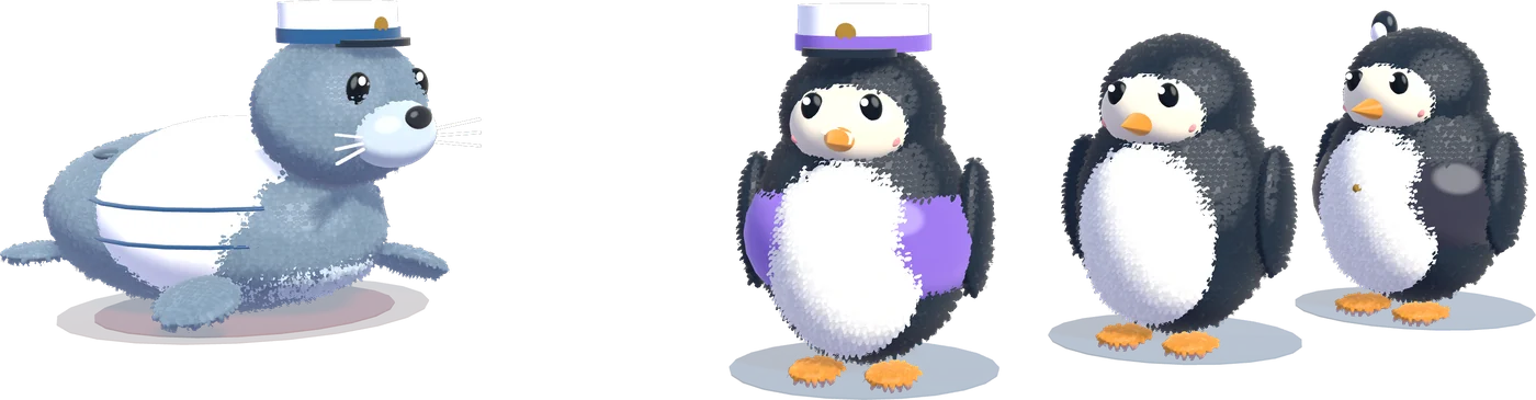 A seal and three penguins